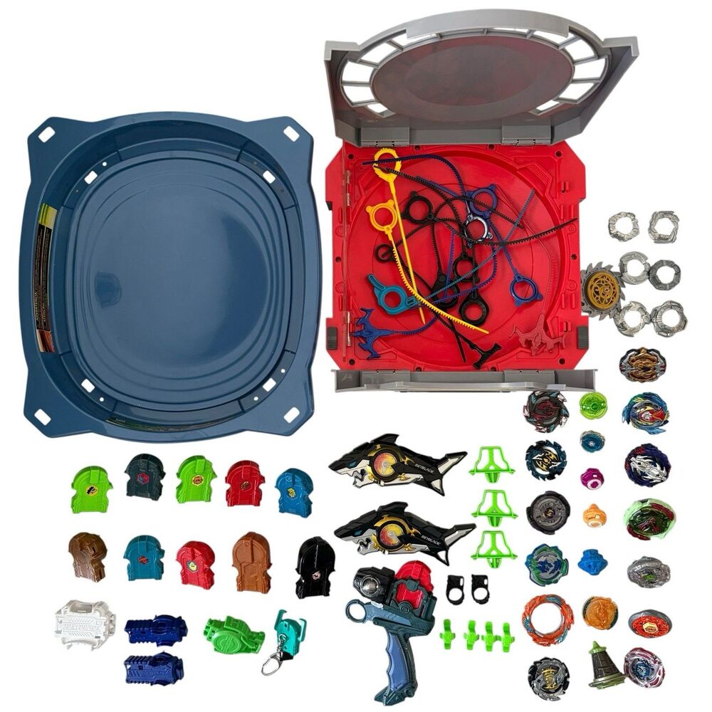 Large Lot Of Beyblade Accessories Parts Ripcords Launchers 70pc 8 FULL Beyblades